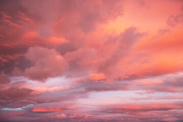 Sky with pink and purple clouds at sunset. Abstract sky nature background