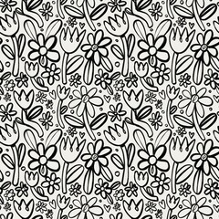 Various outline flowers, leaves. Hand drawn floral illustration. Square seamless Pattern. Repeating design element for printing. Template for fabrics, summer textiles, wallpaper, clothes - 774086806