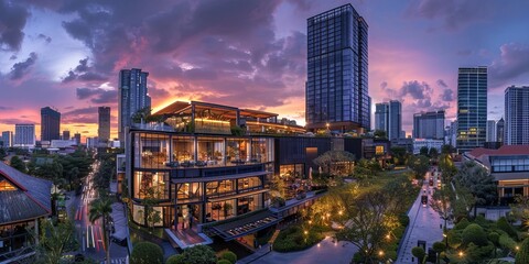 High-rise buildings, cityscape, modern architecture, sunset sky, urban skyline, glass curtain walls, skyscrapers, reflection in windows, office lights on inside, business district. High-resolution pho