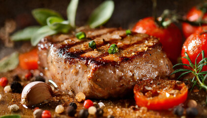 Juicy grilled meat steak cooking with vegetables and spices. Delicious dish. Tasty restaurant food.