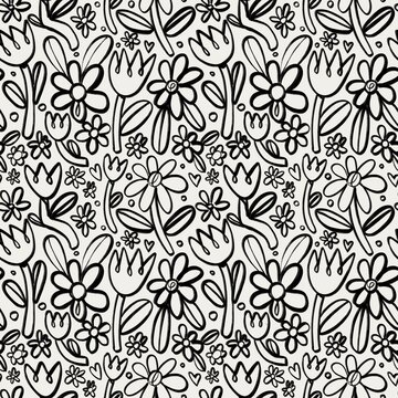 Various outline flowers, leaves. Hand drawn floral illustration. Square seamless Pattern. Repeating design element for printing. Template for fabrics, summer textiles, wallpaper, clothes