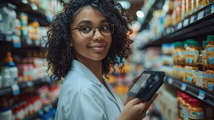 A female pharmacist walks between shelves with medicine in a pharmacy, holding a digital tablet in her hands. Copy space