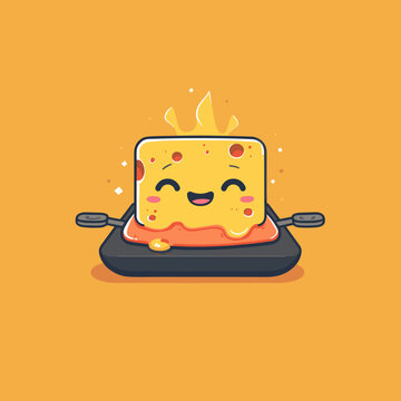 Vector cartoon character illustration. Cute happy chees dish Raclette. Isolated on yellow background.