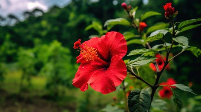 Blooming red flower of China rose, rose of Sharon, hardy hibiscus, rose mallow, Chinese hibiscus