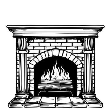 black and white fireplace with burning fire clip art preview