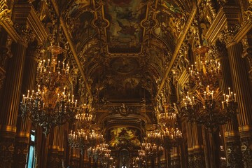 Low-angle of Palais Garnier luxury chandeliers, Paris, France