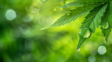 Oil drop on the edge of a cannabis leaf - obrazy, fototapety, plakaty