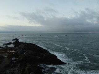 Fogy sea view with the boats