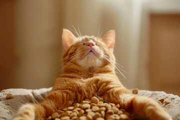 Ginger cat with closed eyes basking in sunlight atop almond-shaped kibbles, reflecting serene pet moments, Concept of animal leisure and wellbeing - obrazy, fototapety, plakaty
