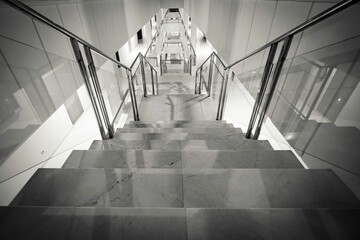 Grayscale shot from the top of modern stairway with glass wailings