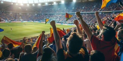 Crowd of soccer's fans with flags at the stadium