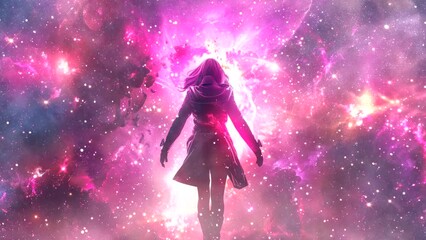 superhero woman stand on space galaxy video looping background 4k