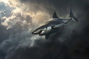 A flying great white sharky passing through dark clouds