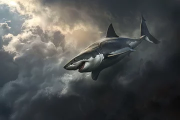 Tuinposter A flying great white sharky passing through dark clouds © grey
