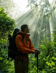 Hiker man is standing in the forest near trees with sunbeams