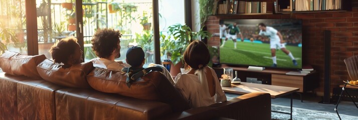 A family is watching a soccer match on the TV and celebrating a goal