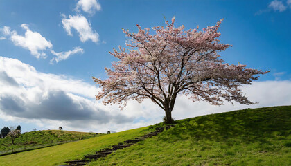 Obraz premium Cherry blossoms in full bloom on a hillside in spring