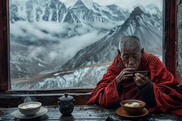 Teetrinken in alter Tradition  -Mönch in Tibet trinkt Buttertee - obrazy, fototapety, plakaty