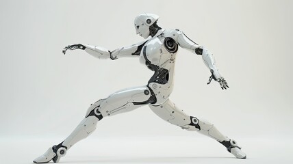 Robotic woman dancing. Droid, white metal. Artificial Sensing