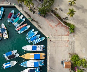 Boats moored near the shore. Top view.