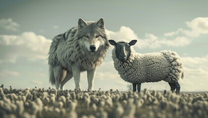 A wolf and a sheep are standing in a field by AI generated image
