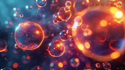 Abstract concept of vibrant spherical particles and orbs, representing atoms or data nodes in orange hues. - obrazy, fototapety, plakaty