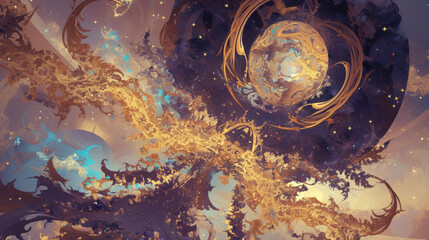 Swirling cosmic fractal with golden accents and stars
