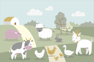 Rural Countryside Landscape Illustration with Farm Animals