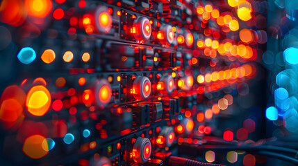 A server rack, with orderly rows of blinking lights as the background, during a maintenance routine - obrazy, fototapety, plakaty