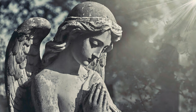 Gothic angel statue in cemetery, toned image, selective focus