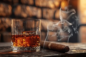 A glass of whiskey stands on the table, a cigar smokes nearby. Luxurious life.