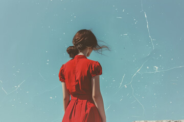 Woman in red dress looking out over clear blue sky - obrazy, fototapety, plakaty