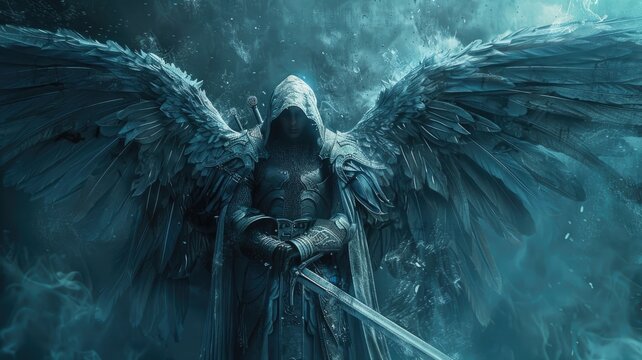 Saber-wielding angel of the dark, warrior kind. background of fantasy