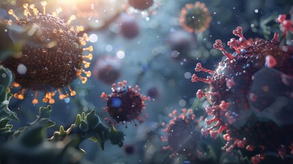 3D depiction of viral particles interacting with immune cells, relevant for immunology, virology, and medical research. - obrazy, fototapety, plakaty