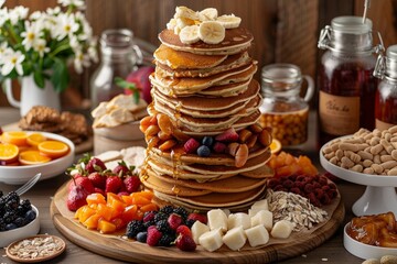 A stack of pancakes topped with fresh fruit and nuts displayed on a table