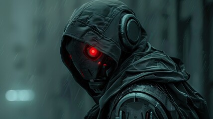 Nighttime cyborg head with red light eyes in a hood