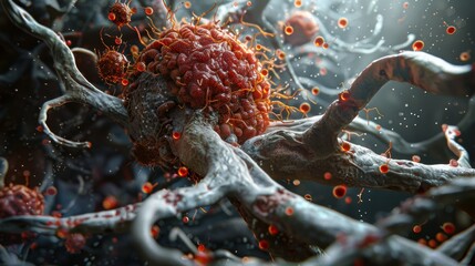 Detailed 3D rendering of a cancerous cell in a vascular environment, highlighting concepts of oncology and medical research.