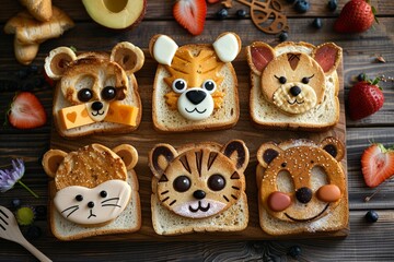 A wooden table with various slices of bread decorated with adorable animal faces using spreads and toppings