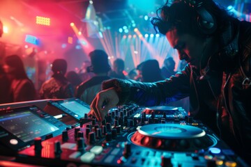 A DJ energetically mixing tracks in front of a lively crowd at a nightclub