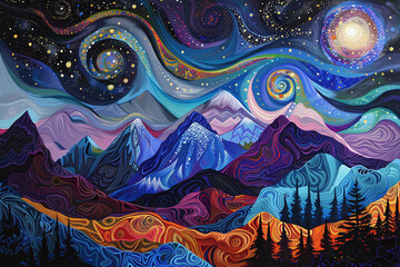 Cosmic Vistas Over Whimsical Mountain Landscapes