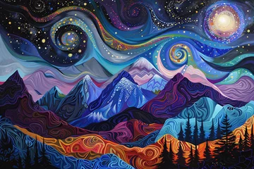 Papier Peint photo Lavable Montagnes Cosmic Vistas Over Whimsical Mountain Landscapes