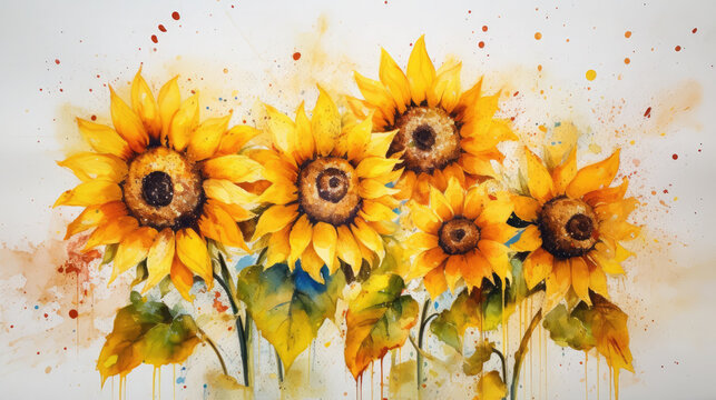 Watercolor sunflowers art, ala prima, painting with spots and splashes, picturesque still life, summer and autumn sunny flowers, poster, background, wallpaper, generative AI