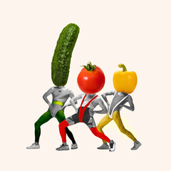 Three monochrome male athletes with colorful cucumber, tomato, and bell pepper heads isolated on white background. Contemporary art collage. Concept of healthy lifestyle, organic food, nutrition, diet
