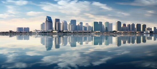 Blue tone panorama of waterfront city skyline with reflection. - obrazy, fototapety, plakaty