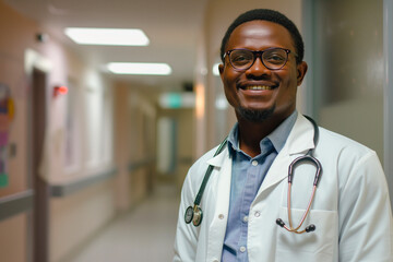 Handsome friendly smilling young african male doctor on hospital corridor looking at camera - obrazy, fototapety, plakaty
