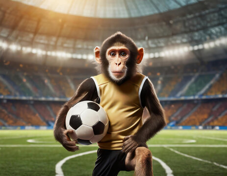 Funny monkey in yellow t-shirt holding soccer ball on stadium background