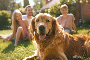 A woman and two children are playing with a golden retriever in a grassy yard by AI generated image