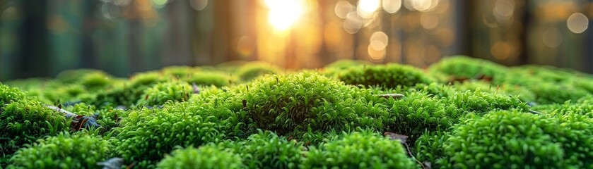 Lush green moss, intricate textures, macro shot with delicate bokeh background, serene nature, sunrise - obrazy, fototapety, plakaty