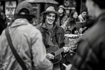 A man captivating an audience as he plays guitar in a live street performance - obrazy, fototapety, plakaty