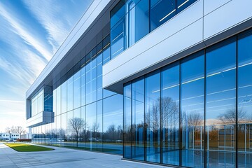 Sleek, contemporary school building, large glass windows reflecting the blue sky, minimalist...